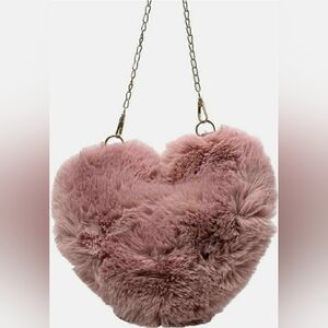 Pink Heart-Shaped Faux Fur Bag FUZZY DUSTY ROSE HEART CROSSBODY PURSE/GOLD CHAIN
